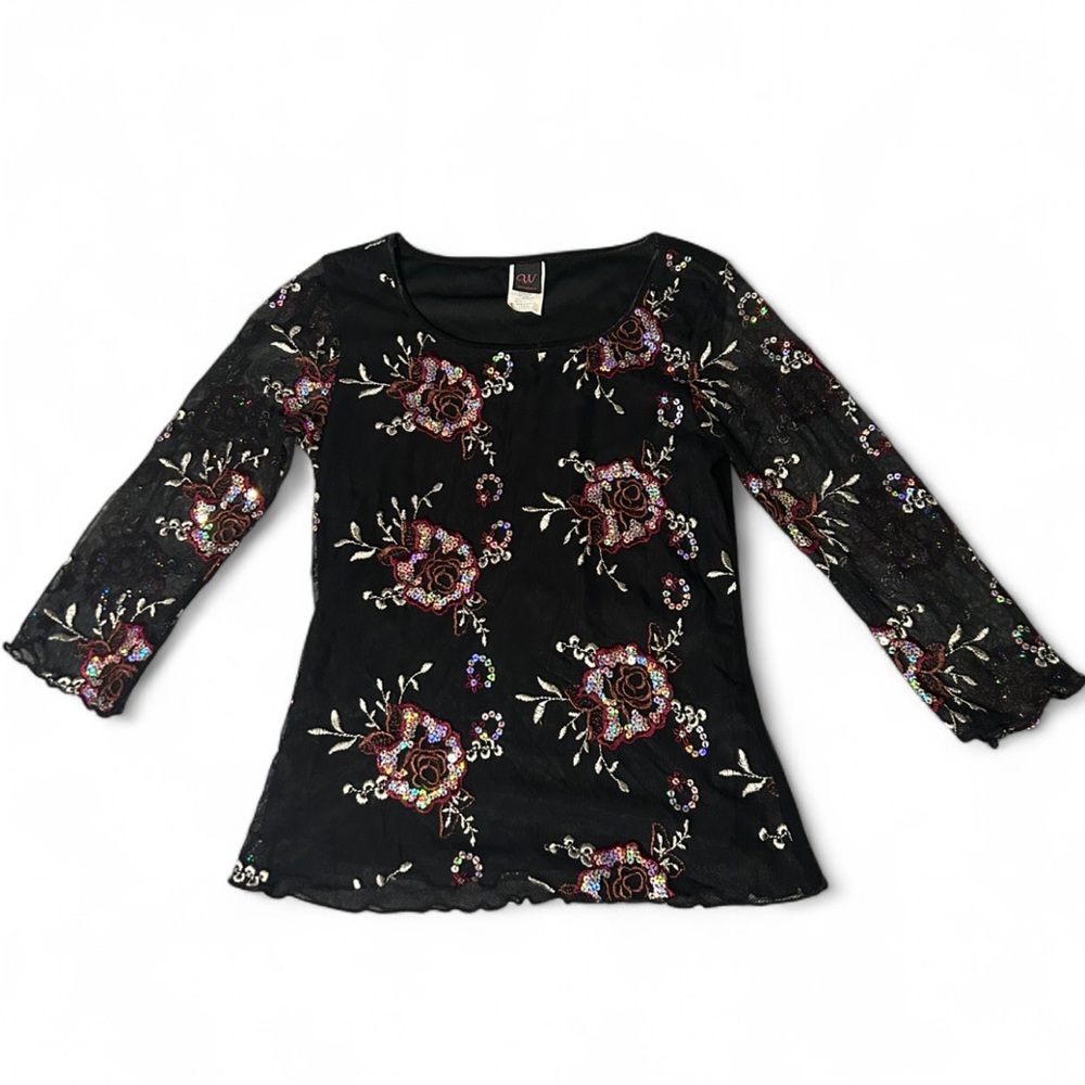Vtg 90s Black Mesh Floral Sequin Top Whimsygoth Witchy Fairy Grunge Small